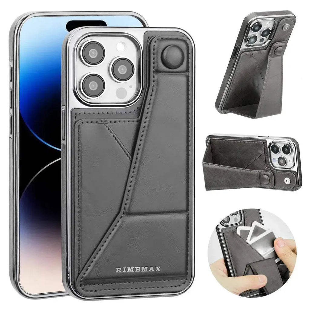 RIMBMAX® CHARLES offers slim, full-coverage protection. A premium leather phone case with an integrated card holder and stand. Authentic Rimbmax craft.-iPhone 16 Pro Max, Black