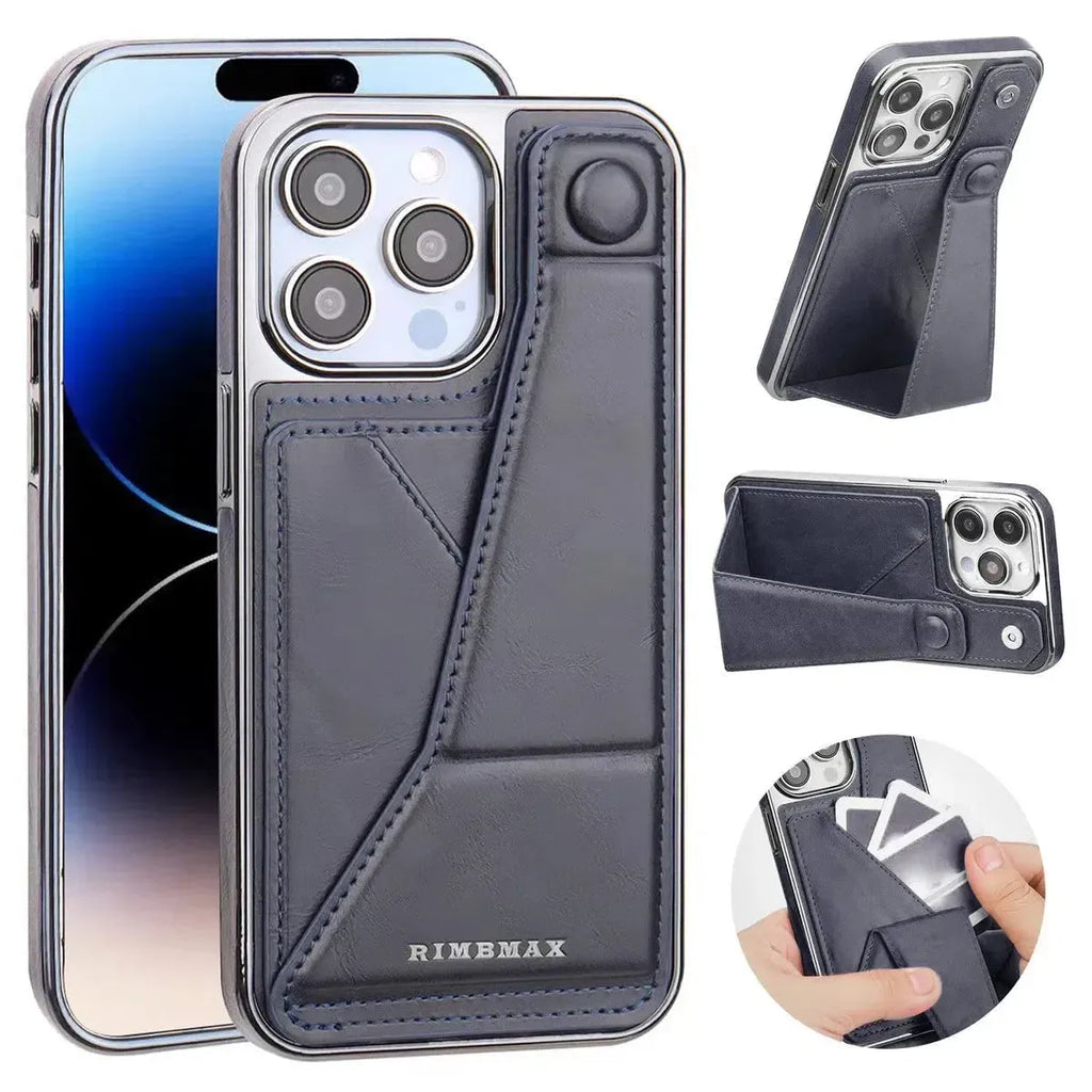 RIMBMAX® CHARLES offers slim, full-coverage protection. A premium leather phone case with an integrated card holder and stand. Authentic Rimbmax craft.-iPhone 16 Pro Max, Blue