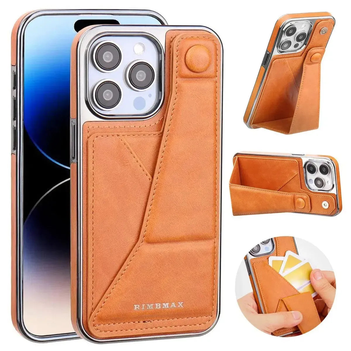 RIMBMAX® CHARLES offers slim, full-coverage protection. A premium leather phone case with an integrated card holder and stand. Authentic Rimbmax craft.-iPhone 16 Pro Max, Bronze