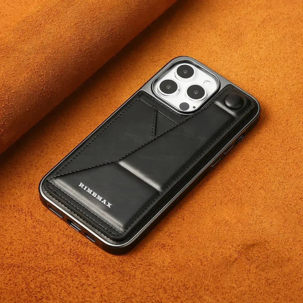 RIMBMAX® CHARLES offers slim, full-coverage protection. A premium leather phone case with an integrated card holder and stand. Authentic Rimbmax craft.-iPhone 16 Pro Max, Brown