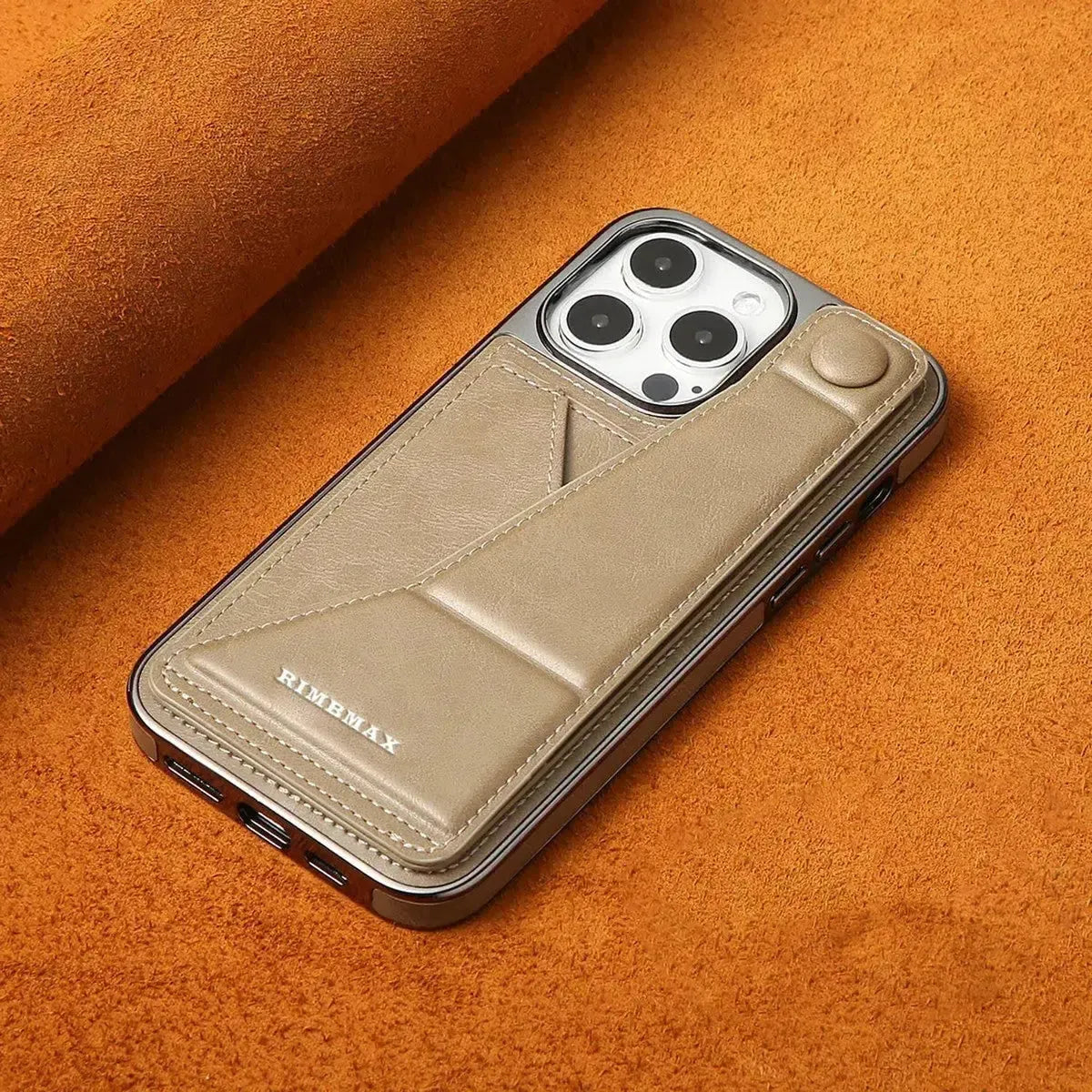 RIMBMAX® CHARLES offers slim, full-coverage protection. A premium leather phone case with an integrated card holder and stand. Authentic Rimbmax craft.-iPhone 16 Pro Max, Brown