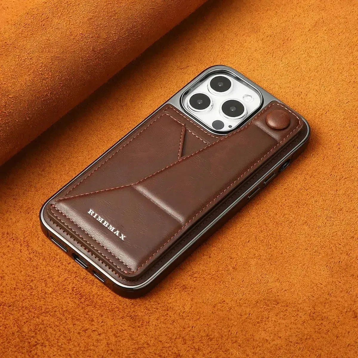 RIMBMAX® CHARLES offers slim, full-coverage protection. A premium leather phone case with an integrated card holder and stand. Authentic Rimbmax craft.-iPhone 16 Pro Max, Brown