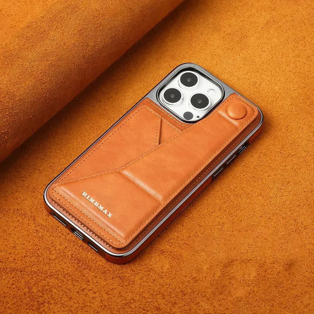 RIMBMAX® CHARLES offers slim, full-coverage protection. A premium leather phone case with an integrated card holder and stand. Authentic Rimbmax craft.-iPhone 16 Pro Max, Brown