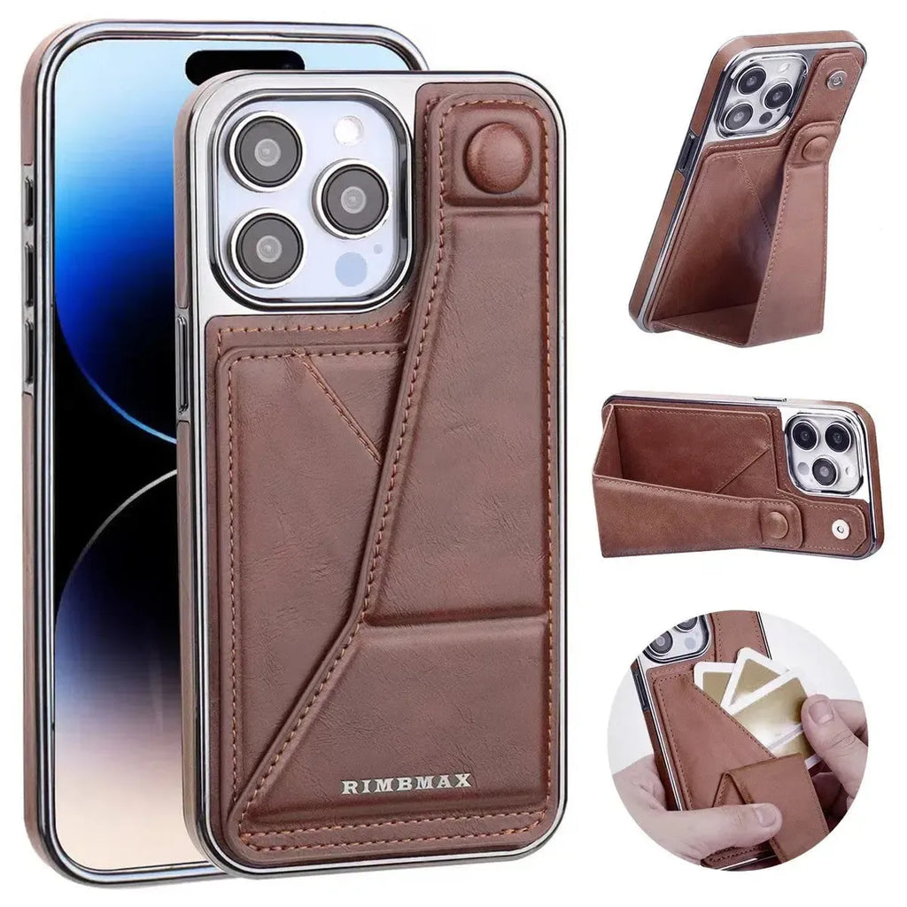 RIMBMAX® CHARLES offers slim, full-coverage protection. A premium leather phone case with an integrated card holder and stand. Authentic Rimbmax craft.-iPhone 16 Pro Max, Brown