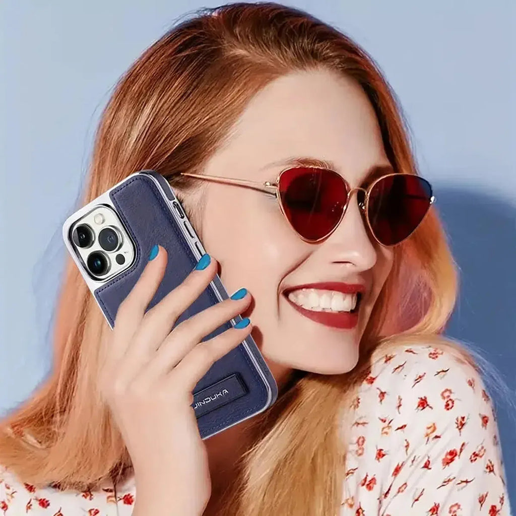 Experience the RIMBMAX® LIAM. A shockproof genuine leather iPhone case featuring a soft protective back and multi-angle stand. Shop official Rimbmax quality.-iPhone 17 Pro Max, Bronze
