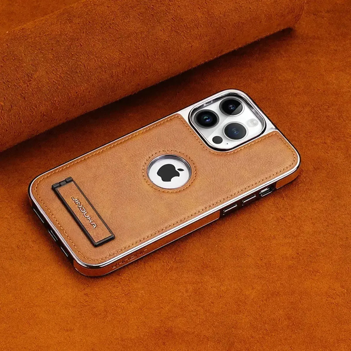 Experience the RIMBMAX® LIAM. A shockproof genuine leather iPhone case featuring a soft protective back and multi-angle stand. Shop official Rimbmax quality.-iPhone 17 Pro Max, Bronze