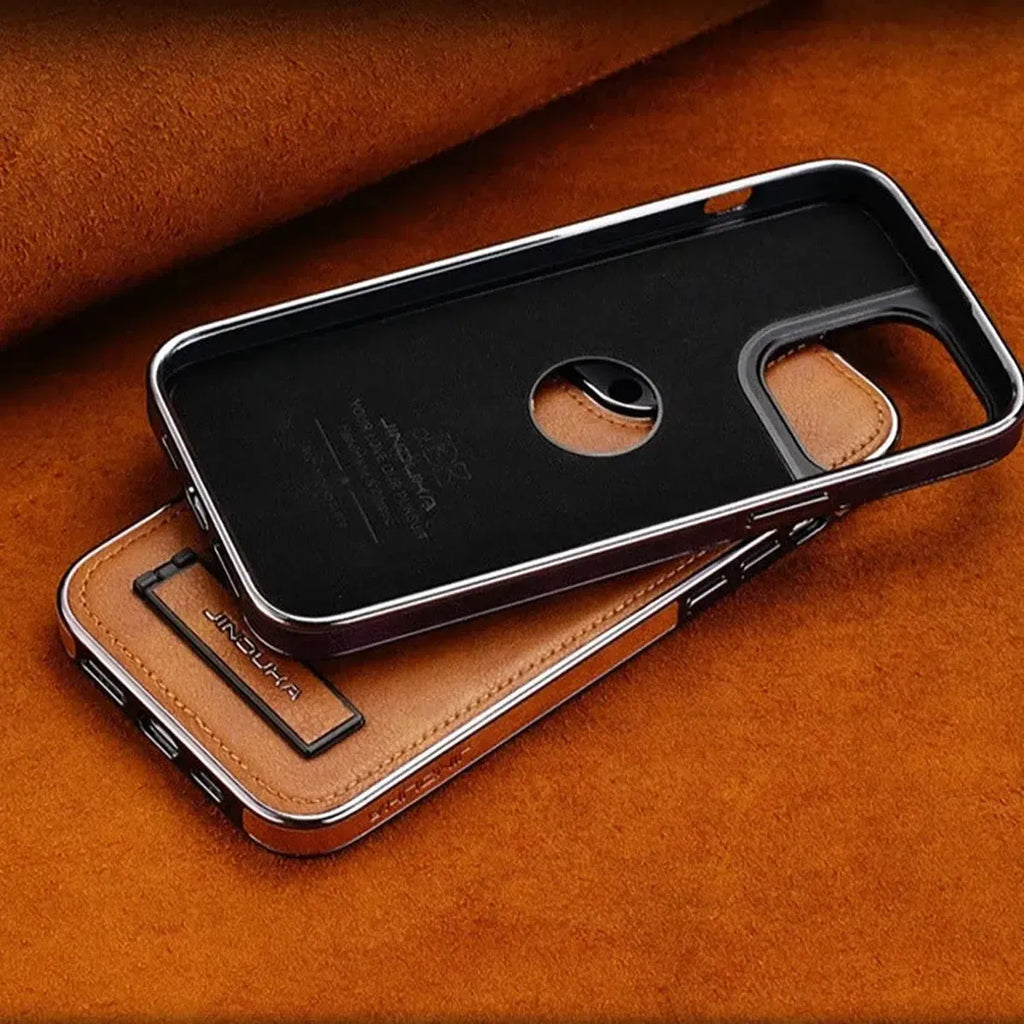 Experience the RIMBMAX® LIAM. A shockproof genuine leather iPhone case featuring a soft protective back and multi-angle stand. Shop official Rimbmax quality.-iPhone 17 Pro Max, Bronze