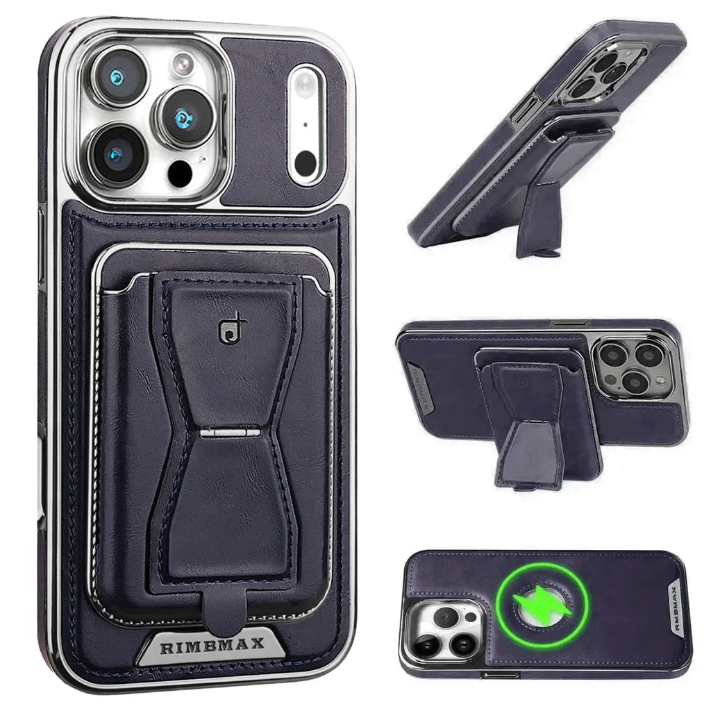 The RIMBMAX® MALCOLM is a classic leather phone case featuring a secure card holder and stable stand. Perfect protection for the modern Rimbmax user.-iPhone 17 Pro Max, Blue