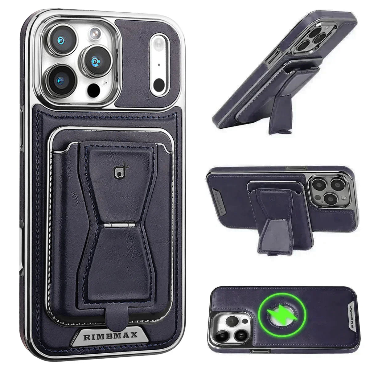 The RIMBMAX® MALCOLM is a classic leather phone case featuring a secure card holder and stable stand. Perfect protection for the modern Rimbmax user.-iPhone 17 Pro Max, Blue