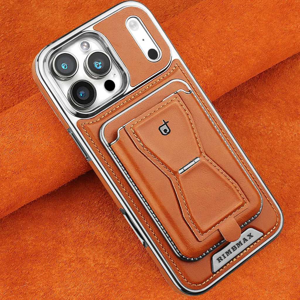The RIMBMAX® MALCOLM is a classic leather phone case featuring a secure card holder and stable stand. Perfect protection for the modern Rimbmax user.-iPhone 17 Pro Max, Bronze