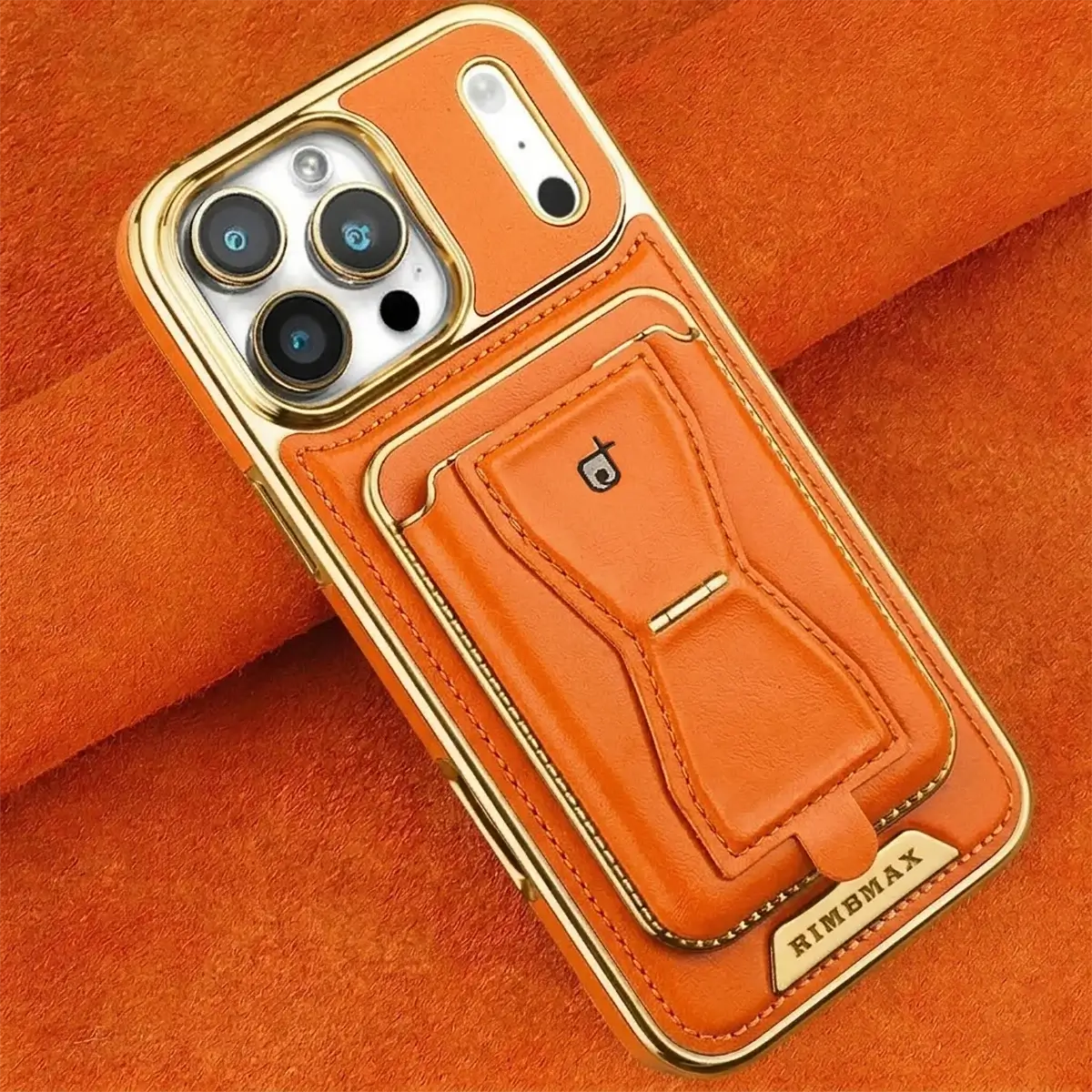 The RIMBMAX® MALCOLM is a classic leather phone case featuring a secure card holder and stable stand. Perfect protection for the modern Rimbmax user.-iPhone 17 Pro Max, Bronze