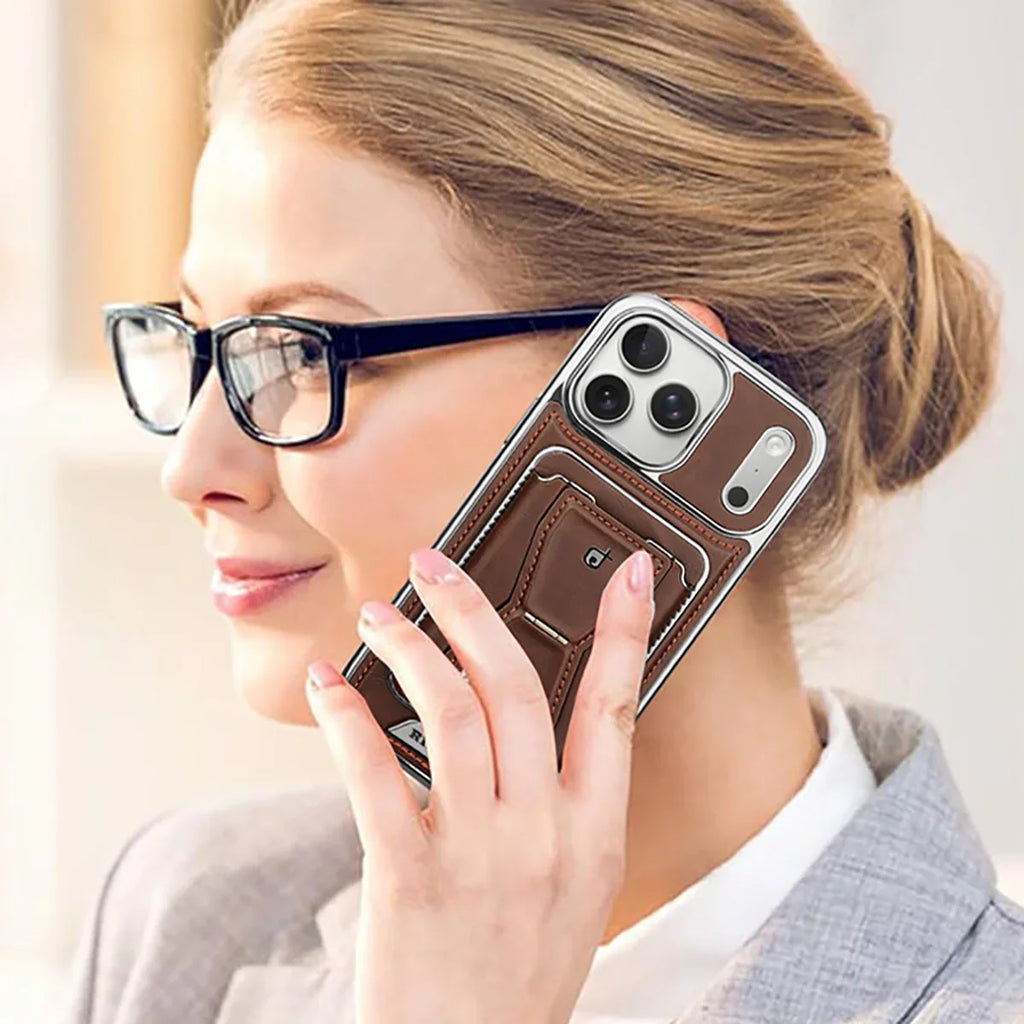 The RIMBMAX® MALCOLM is a classic leather phone case featuring a secure card holder and stable stand. Perfect protection for the modern Rimbmax user.-iPhone 17 Pro Max, Bronze