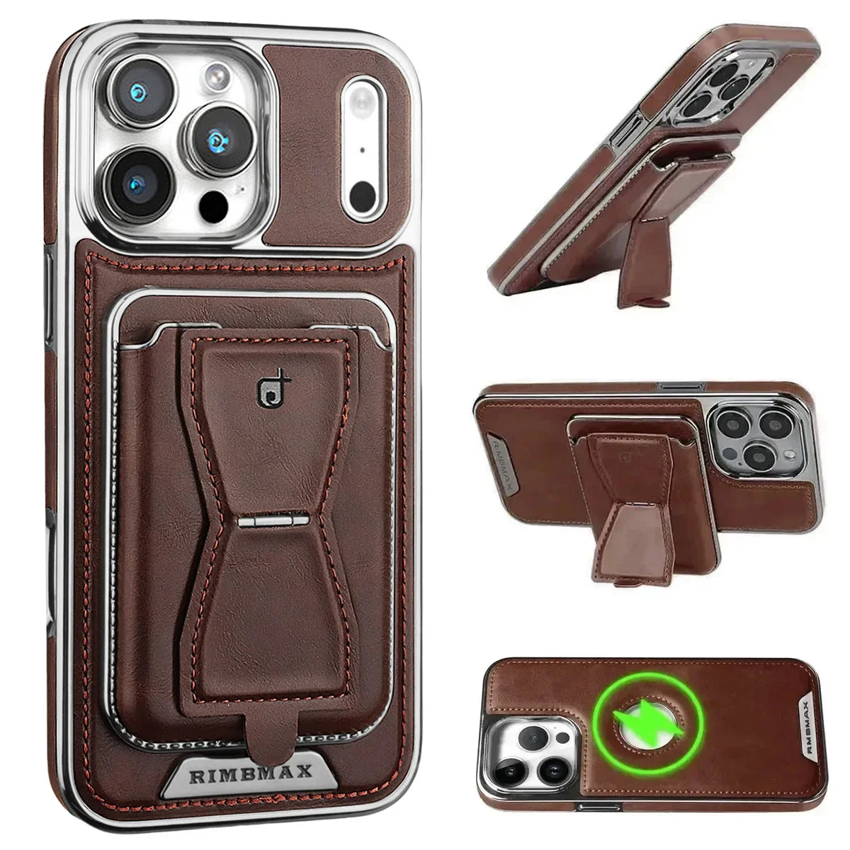 The RIMBMAX® MALCOLM is a classic leather phone case featuring a secure card holder and stable stand. Perfect protection for the modern Rimbmax user.-iPhone 17 Pro Max, Brown