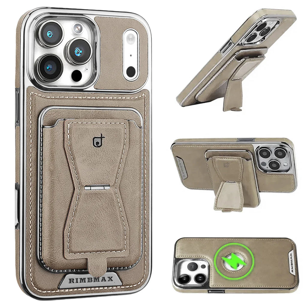 The RIMBMAX® MALCOLM is a classic leather phone case featuring a secure card holder and stable stand. Perfect protection for the modern Rimbmax user.-iPhone 17 Pro Max, Gray