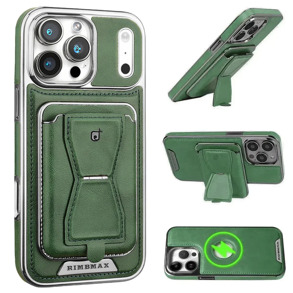 The RIMBMAX® MALCOLM is a classic leather phone case featuring a secure card holder and stable stand. Perfect protection for the modern Rimbmax user.-iPhone 17 Pro Max, Green