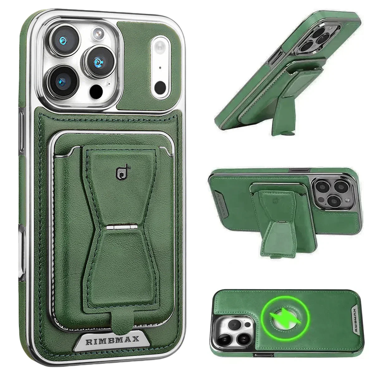 The RIMBMAX® MALCOLM is a classic leather phone case featuring a secure card holder and stable stand. Perfect protection for the modern Rimbmax user.-iPhone 17 Pro Max, Green