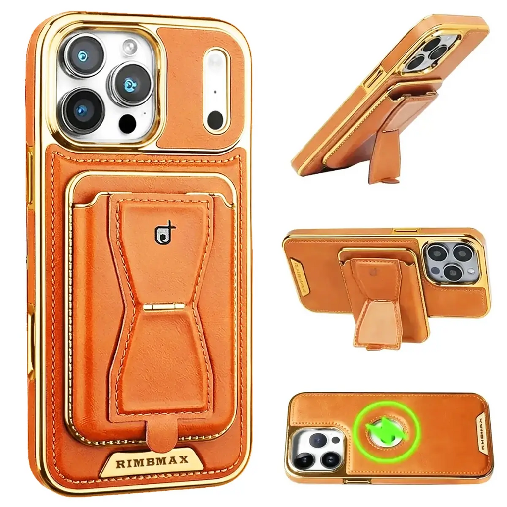 The RIMBMAX® MALCOLM is a classic leather phone case featuring a secure card holder and stable stand. Perfect protection for the modern Rimbmax user.-iPhone 17 Pro Max, Orange