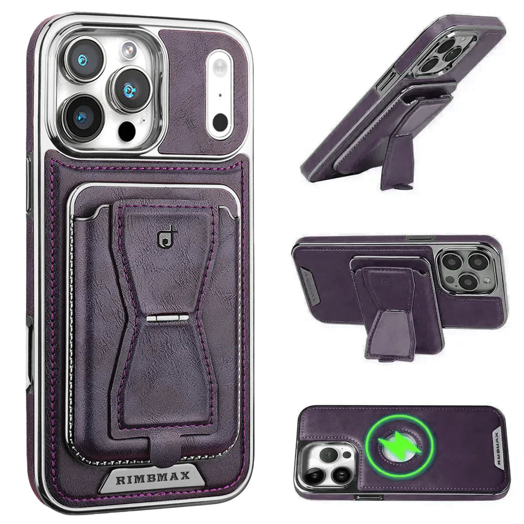 The RIMBMAX® MALCOLM is a classic leather phone case featuring a secure card holder and stable stand. Perfect protection for the modern Rimbmax user.-iPhone 17 Pro Max, Purple