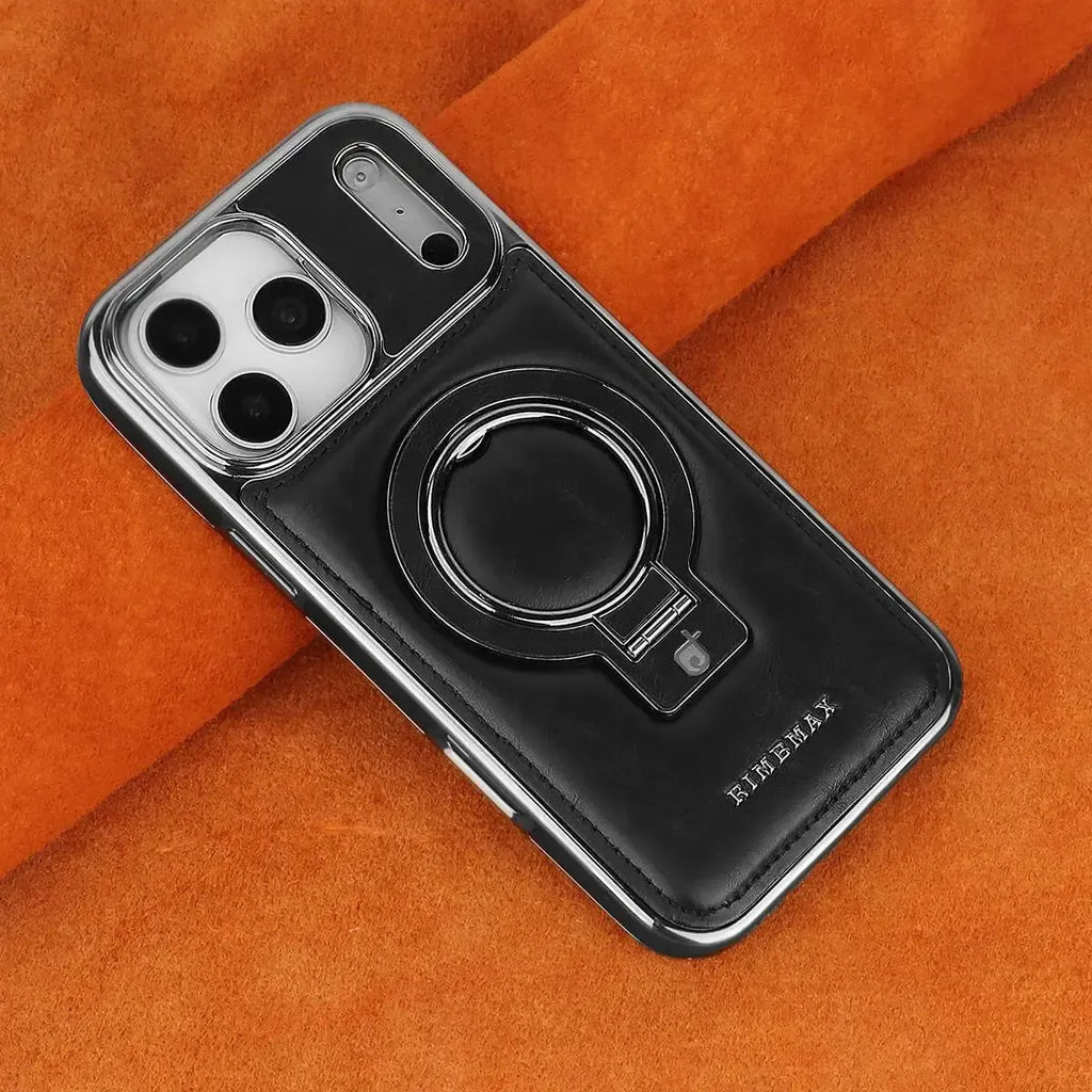 Discover RIMBMAX® PHOEBE. A luxury leather phone case with a hidden magnetic stand for a sleek look. The ultimate Rimbmax accessory for iPhone.-iPhone 17 Pro Max, Black