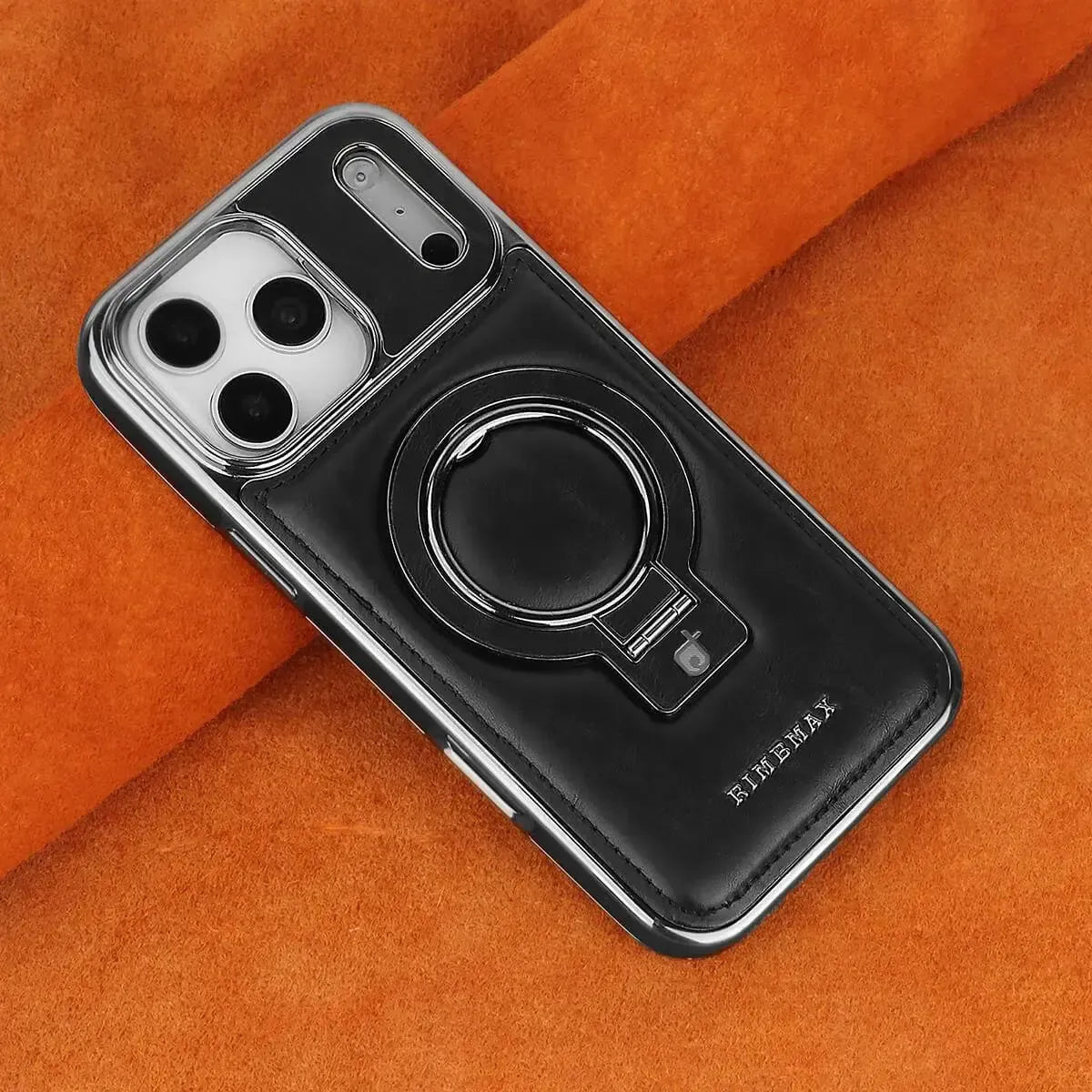 Discover RIMBMAX® PHOEBE. A luxury leather phone case with a hidden magnetic stand for a sleek look. The ultimate Rimbmax accessory for iPhone.-iPhone 17 Pro Max, Black