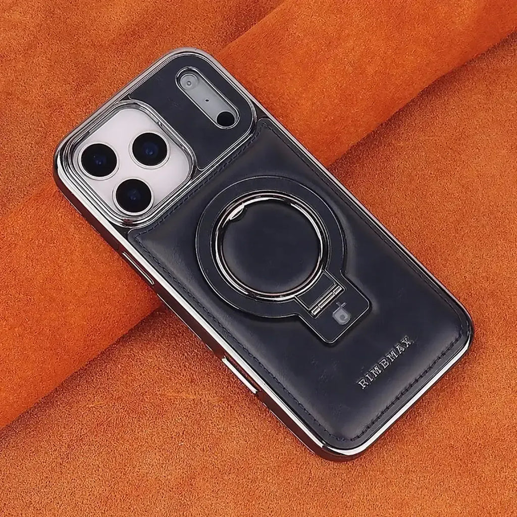 Discover RIMBMAX® PHOEBE. A luxury leather phone case with a hidden magnetic stand for a sleek look. The ultimate Rimbmax accessory for iPhone.-iPhone 17 Pro Max, Blue