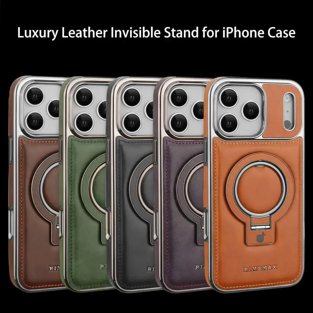 Discover RIMBMAX® PHOEBE. A luxury leather phone case with a hidden magnetic stand for a sleek look. The ultimate Rimbmax accessory for iPhone.-iPhone 17 Pro Max, Brown