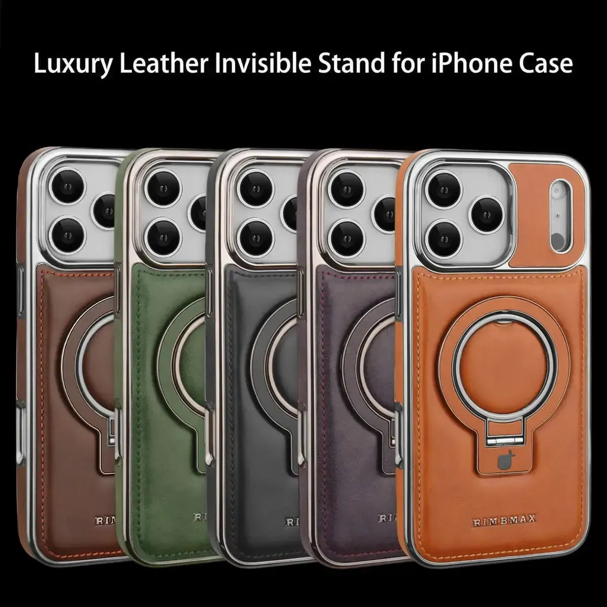 Discover RIMBMAX® PHOEBE. A luxury leather phone case with a hidden magnetic stand for a sleek look. The ultimate Rimbmax accessory for iPhone.-iPhone 17 Pro Max, Brown