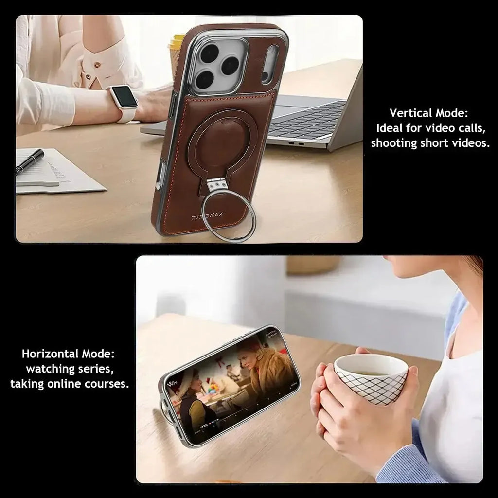 Discover RIMBMAX® PHOEBE. A luxury leather phone case with a hidden magnetic stand for a sleek look. The ultimate Rimbmax accessory for iPhone.-iPhone 17 Pro Max, Brown