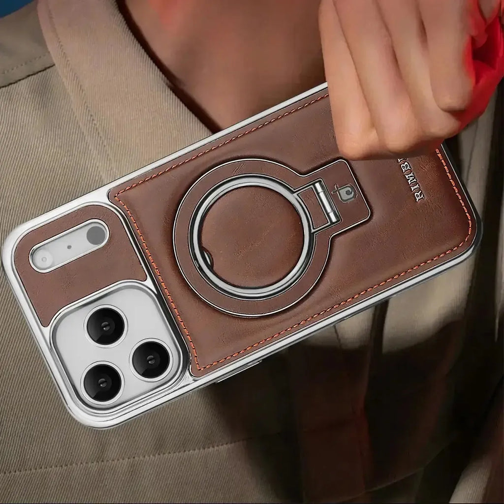 Discover RIMBMAX® PHOEBE. A luxury leather phone case with a hidden magnetic stand for a sleek look. The ultimate Rimbmax accessory for iPhone.-iPhone 17 Pro Max, Brown