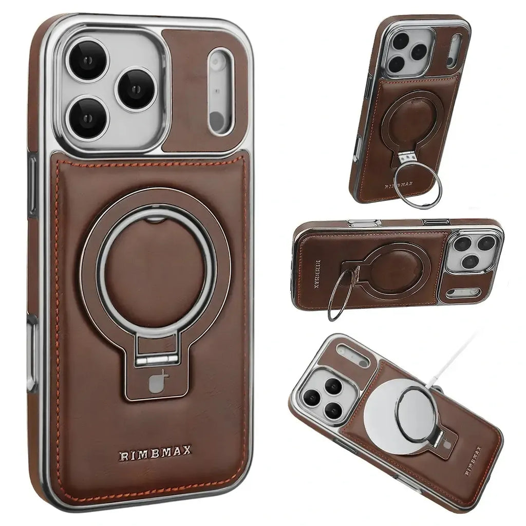 Discover RIMBMAX® PHOEBE. A luxury leather phone case with a hidden magnetic stand for a sleek look. The ultimate Rimbmax accessory for iPhone.-iPhone 17 Pro Max, Brown