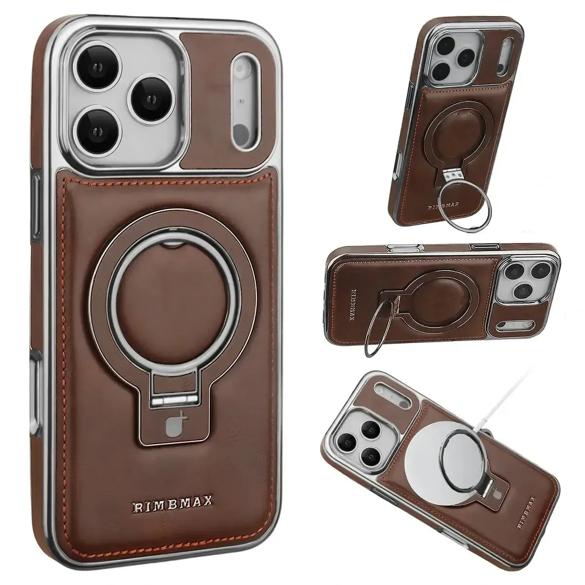 Discover RIMBMAX® PHOEBE. A luxury leather phone case with a hidden magnetic stand for a sleek look. The ultimate Rimbmax accessory for iPhone.-iPhone 17 Pro Max, Brown