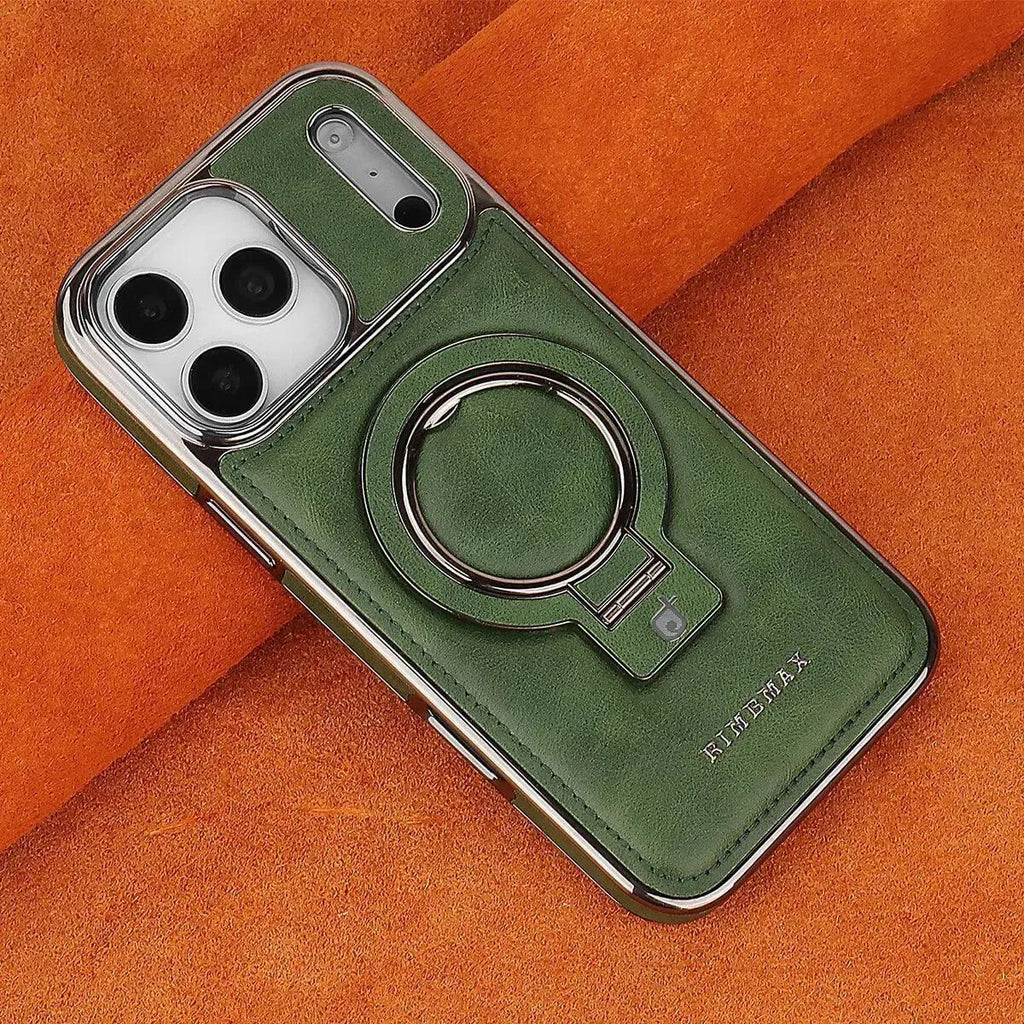 Discover RIMBMAX® PHOEBE. A luxury leather phone case with a hidden magnetic stand for a sleek look. The ultimate Rimbmax accessory for iPhone.-iPhone 17 Pro Max, Green