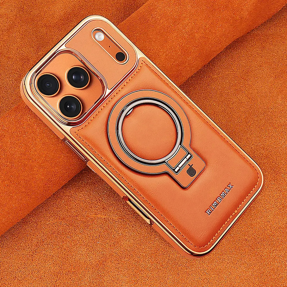 Discover RIMBMAX® PHOEBE. A luxury leather phone case with a hidden magnetic stand for a sleek look. The ultimate Rimbmax accessory for iPhone.-iPhone 17 Pro Max, Orange