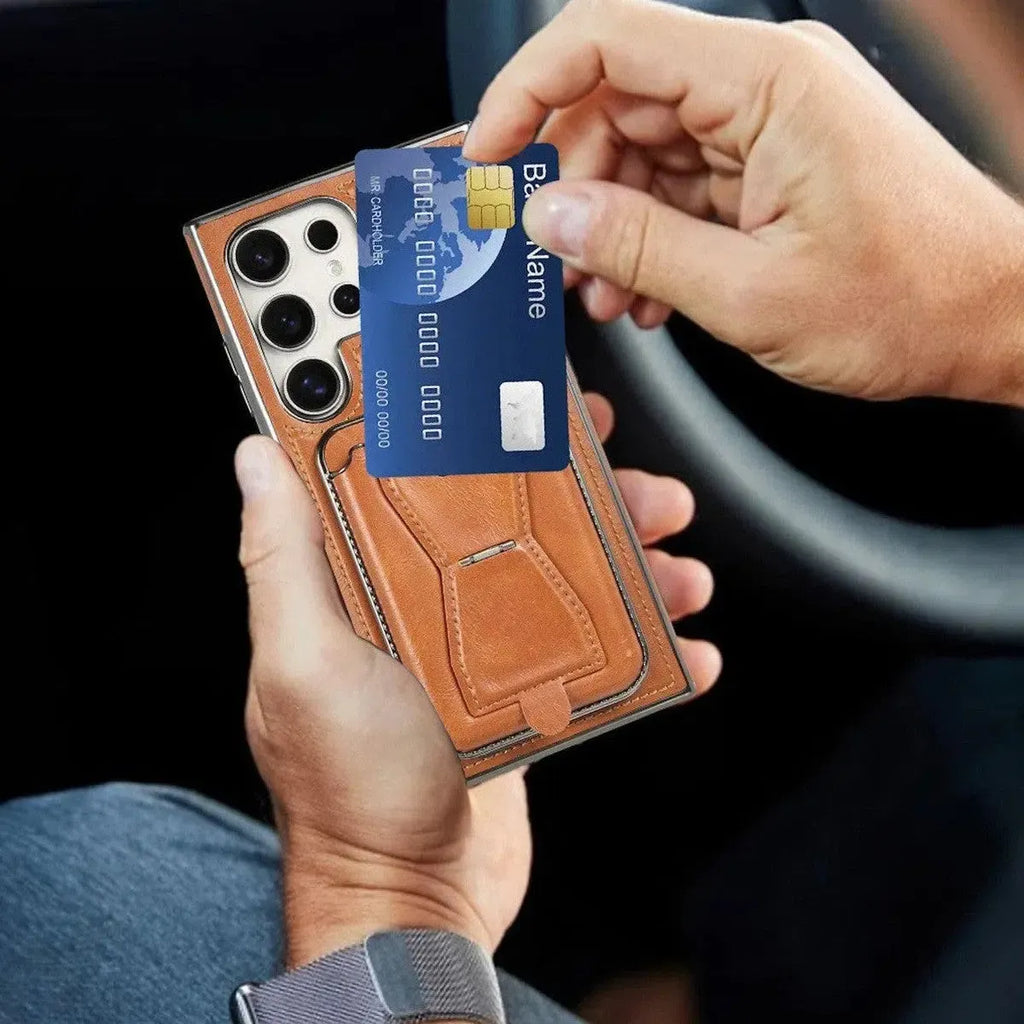 Shop the RIMBMAX® REESE for Samsung. A premium leather wallet case with a card holder and kickstand. Full-frame protection by the original Rimbmax.-Samsung Galaxy S26 Ultra, Bronze