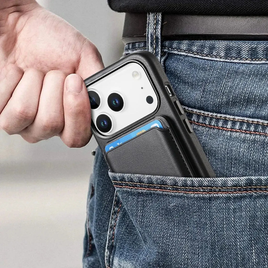 Caseles Full-Grain Leather iPhone Case with Card Holder, MagSafe Ready, Metal Buttons & Camera Bump Frame,Adrian at Caseles-iPhone 17 Pro Max, Black