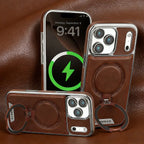 Buy Luxury Leather Invisible Stand for iPhone Case, Transmitg Magnetic Phone Case for iPhone Built-in Invisible Stand - RIVER at Rimbmax-iPhone 17 Pro Max, Brown