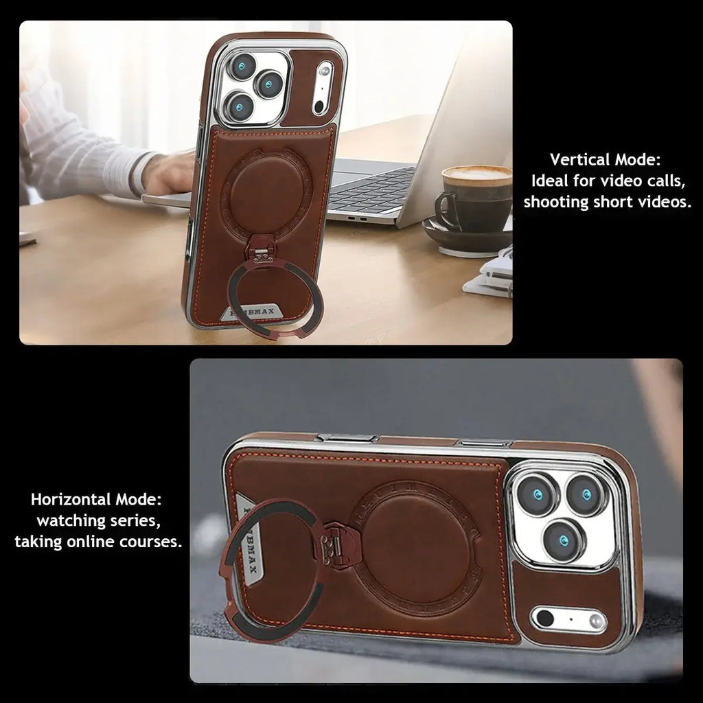 Buy Luxury Leather Invisible Stand for iPhone Case, Transmitg Magnetic Phone Case for iPhone Built-in Invisible Stand - RIVER at Rimbmax-iPhone 17 Pro Max, Brown