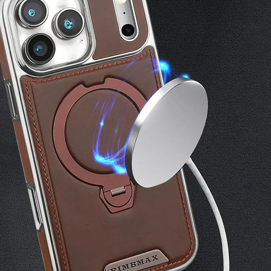 Buy Luxury Leather Invisible Stand for iPhone Case, Transmitg Magnetic Phone Case for iPhone Built-in Invisible Stand - RIVER at Rimbmax-iPhone 17 Pro Max, Brown