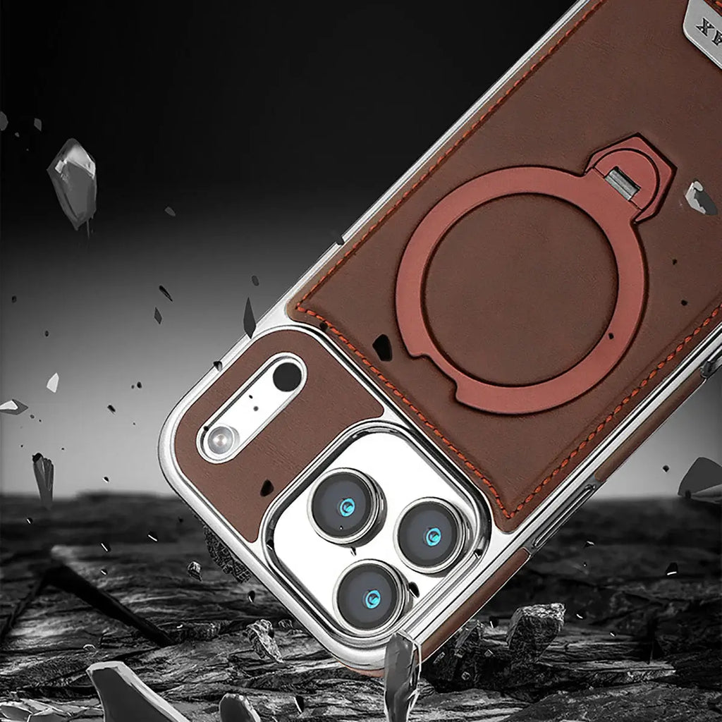Buy Luxury Leather Invisible Stand for iPhone Case, Transmitg Magnetic Phone Case for iPhone Built-in Invisible Stand - RIVER at Rimbmax-iPhone 17 Pro Max, Brown