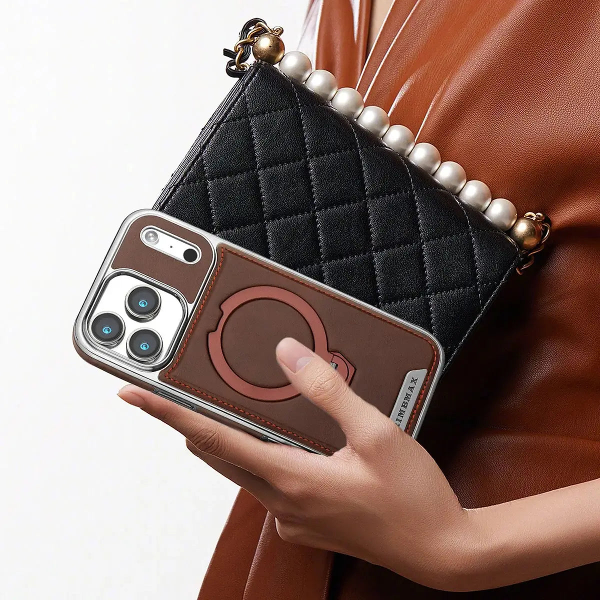 Buy Luxury Leather Invisible Stand for iPhone Case, Transmitg Magnetic Phone Case for iPhone Built-in Invisible Stand - RIVER at Rimbmax-iPhone 17 Pro Max, Brown