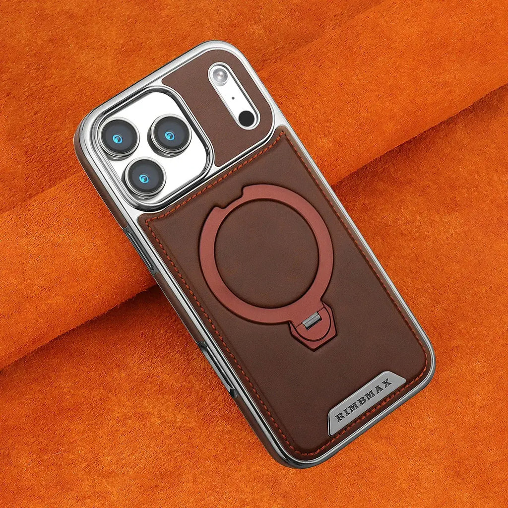 Buy Luxury Leather Invisible Stand for iPhone Case, Transmitg Magnetic Phone Case for iPhone Built-in Invisible Stand - RIVER at Rimbmax-iPhone 17 Pro Max, Brown