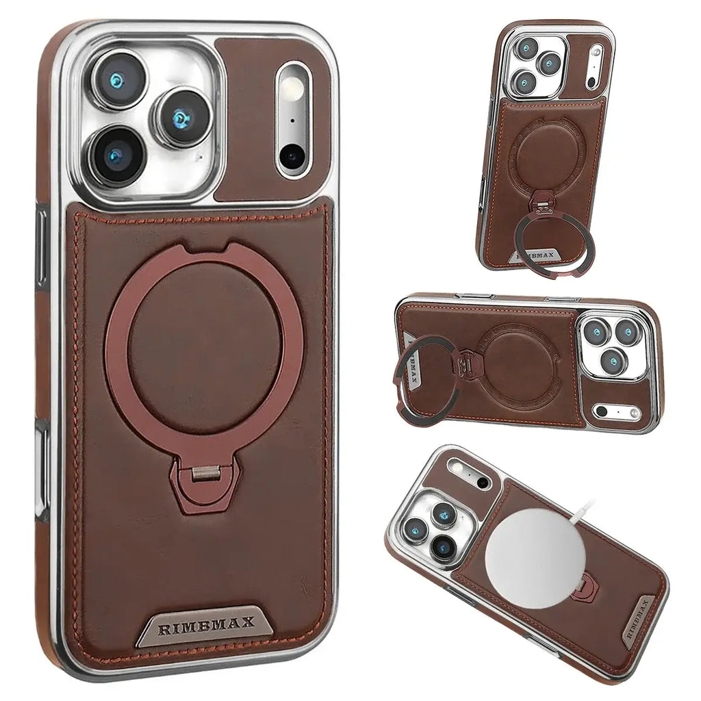 Buy Luxury Leather Invisible Stand for iPhone Case, Transmitg Magnetic Phone Case for iPhone Built-in Invisible Stand - RIVER at Rimbmax-iPhone 17 Pro Max, Brown