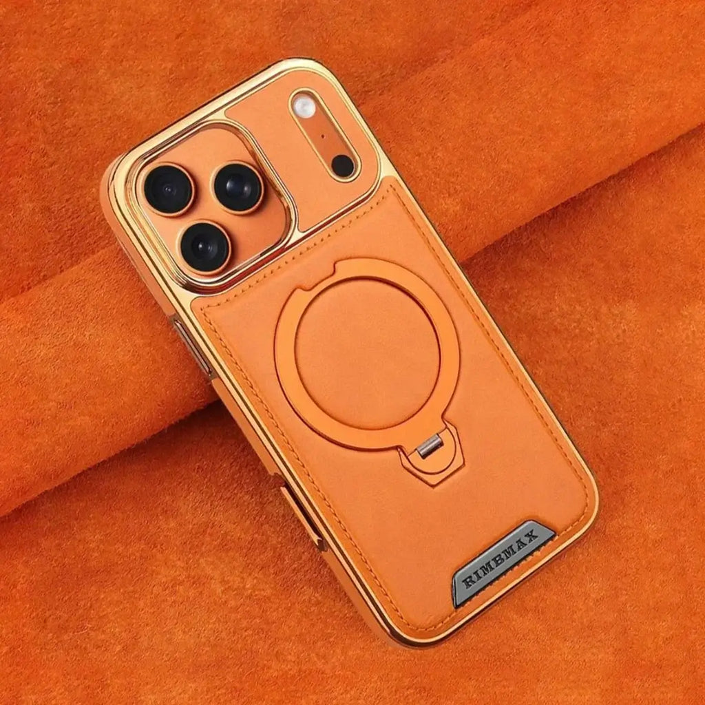 Buy Luxury Leather Invisible Stand for iPhone Case, Transmitg Magnetic Phone Case for iPhone Built-in Invisible Stand - RIVER at Rimbmax-iPhone 17 Pro Max, Gold