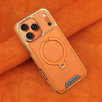 Buy Luxury Leather Invisible Stand for iPhone Case, Transmitg Magnetic Phone Case for iPhone Built-in Invisible Stand - RIVER at Rimbmax-iPhone 17 Pro Max, Gold