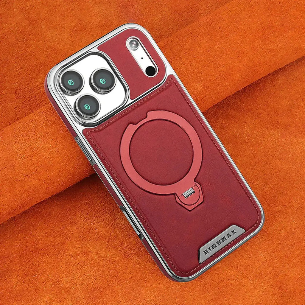Buy Luxury Leather Invisible Stand for iPhone Case, Transmitg Magnetic Phone Case for iPhone Built-in Invisible Stand - RIVER at Rimbmax-iPhone 17 Pro Max, Red